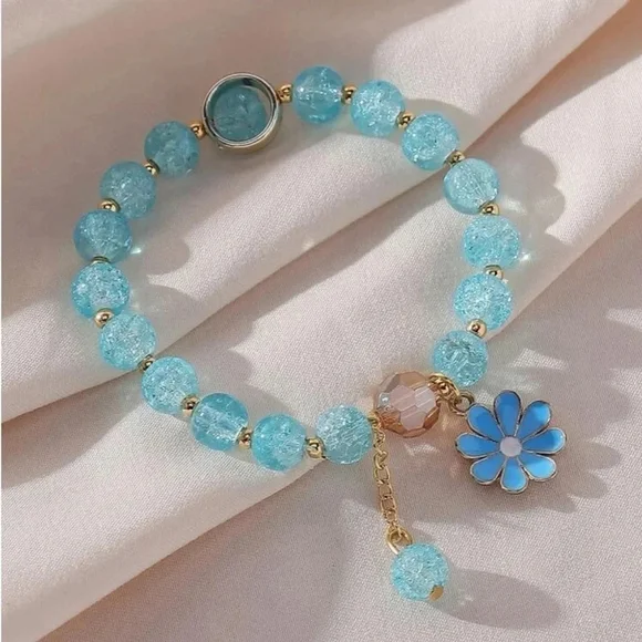 ⚠️Clearance Blue And Gold Flower Charm Beaded Bracelet SS - Picture 2 of 6